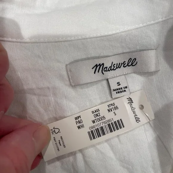 NWT Madewell Women's Sz S White Shirred Button-Up Shirt in Linen-Cotton NV186 - Picture 4 of 10